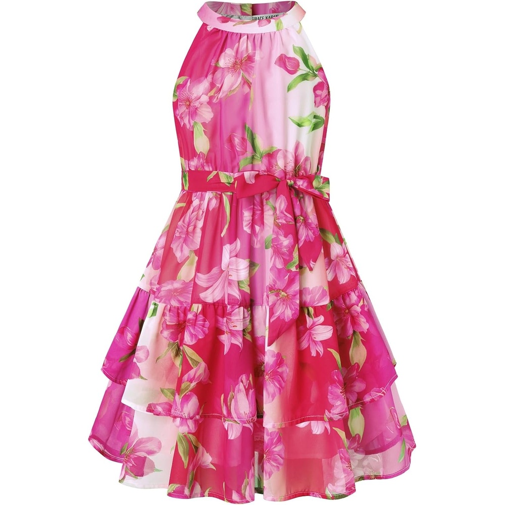image:imageGRACE KARIN Girls Summer Beach Dress Floral Halter Hawaiian Party VacationHot Pink Ombre Floral