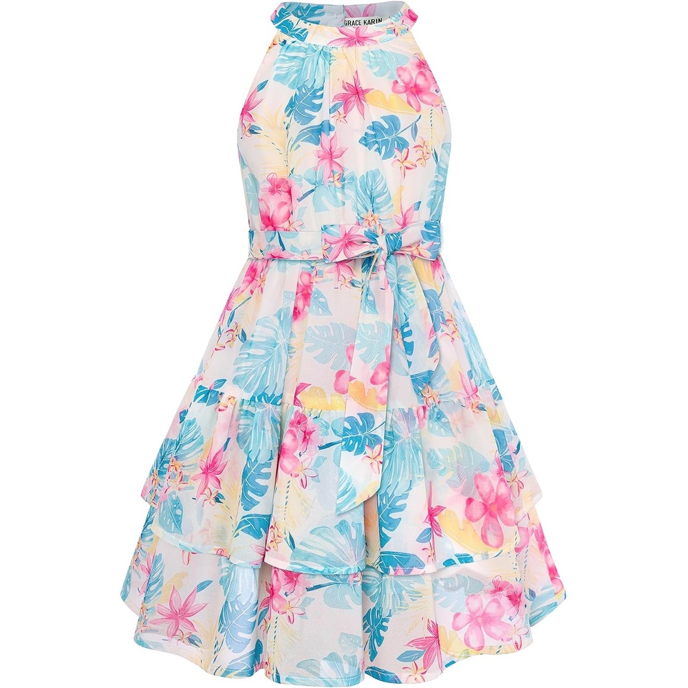 image:imageGRACE KARIN Girls Summer Beach Dress Floral Halter Hawaiian Party VacationLeaf Green Pink Floral