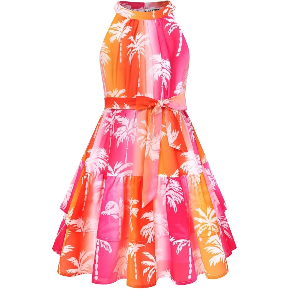 image:imageGRACE KARIN Girls Summer Beach Dress Floral Halter Hawaiian Party VacationRainbow Coconut Tree