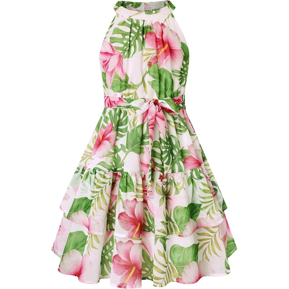 image:imageGRACE KARIN Girls Summer Beach Dress Floral Halter Hawaiian Party VacationTropical Large Foliage