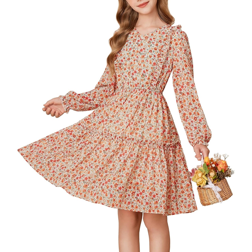 image:imageGRACE KARIN Girls VNeck Floral Dresses 614Y Kids Long Sleeve Casual Fall Winter Christmas Holiday Hawaiian Flower DressApricot Orange Floral