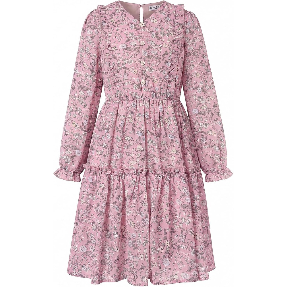 image:imageGRACE KARIN Girls VNeck Floral Dresses 614Y Kids Long Sleeve Casual Fall Winter Christmas Holiday Hawaiian Flower DressLight Pink Floral