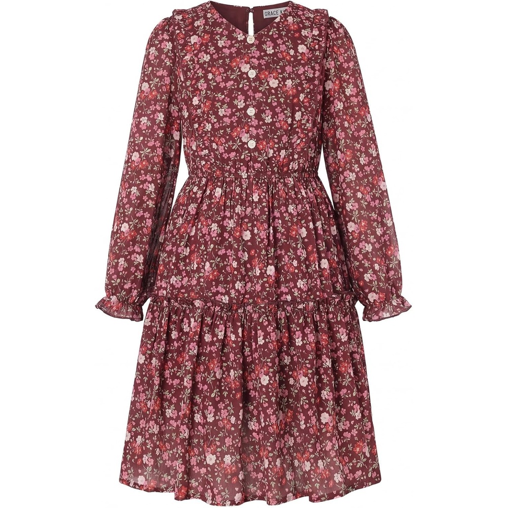 image:imageGRACE KARIN Girls VNeck Floral Dresses 614Y Kids Long Sleeve Casual Fall Winter Christmas Holiday Hawaiian Flower DressRed Floral