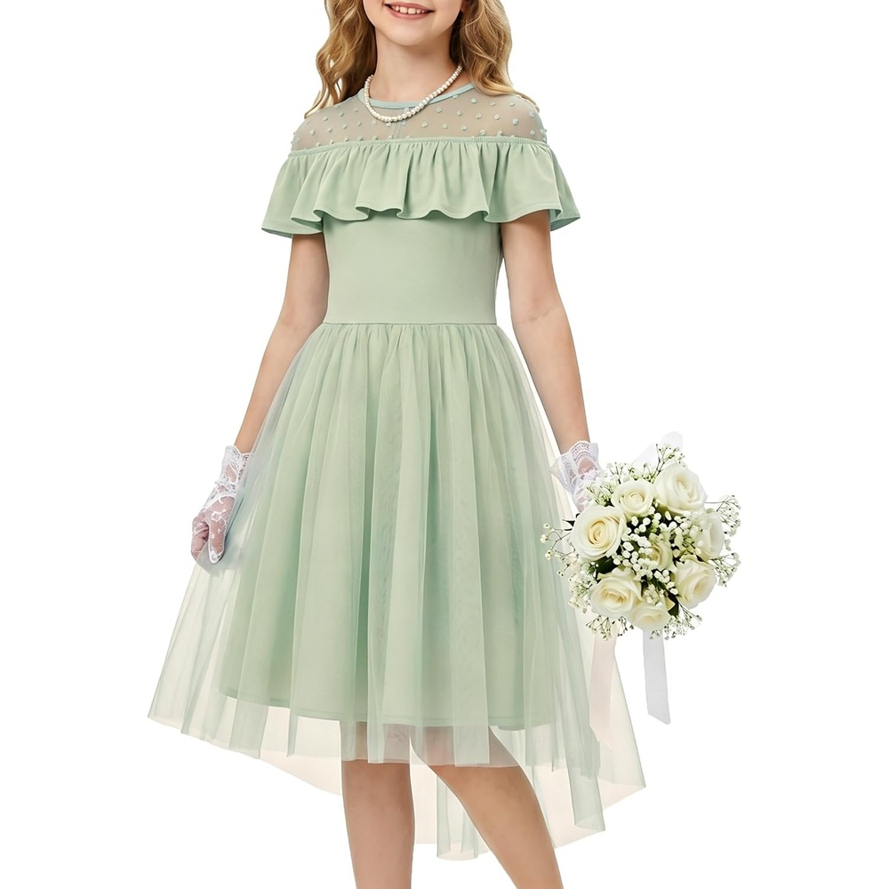image:imageGRACE KARIN Girls Wedding Party Formal Dress Junior Bridemaid Dresses for Teens Tulle High Low Dress Size 714Sage Green