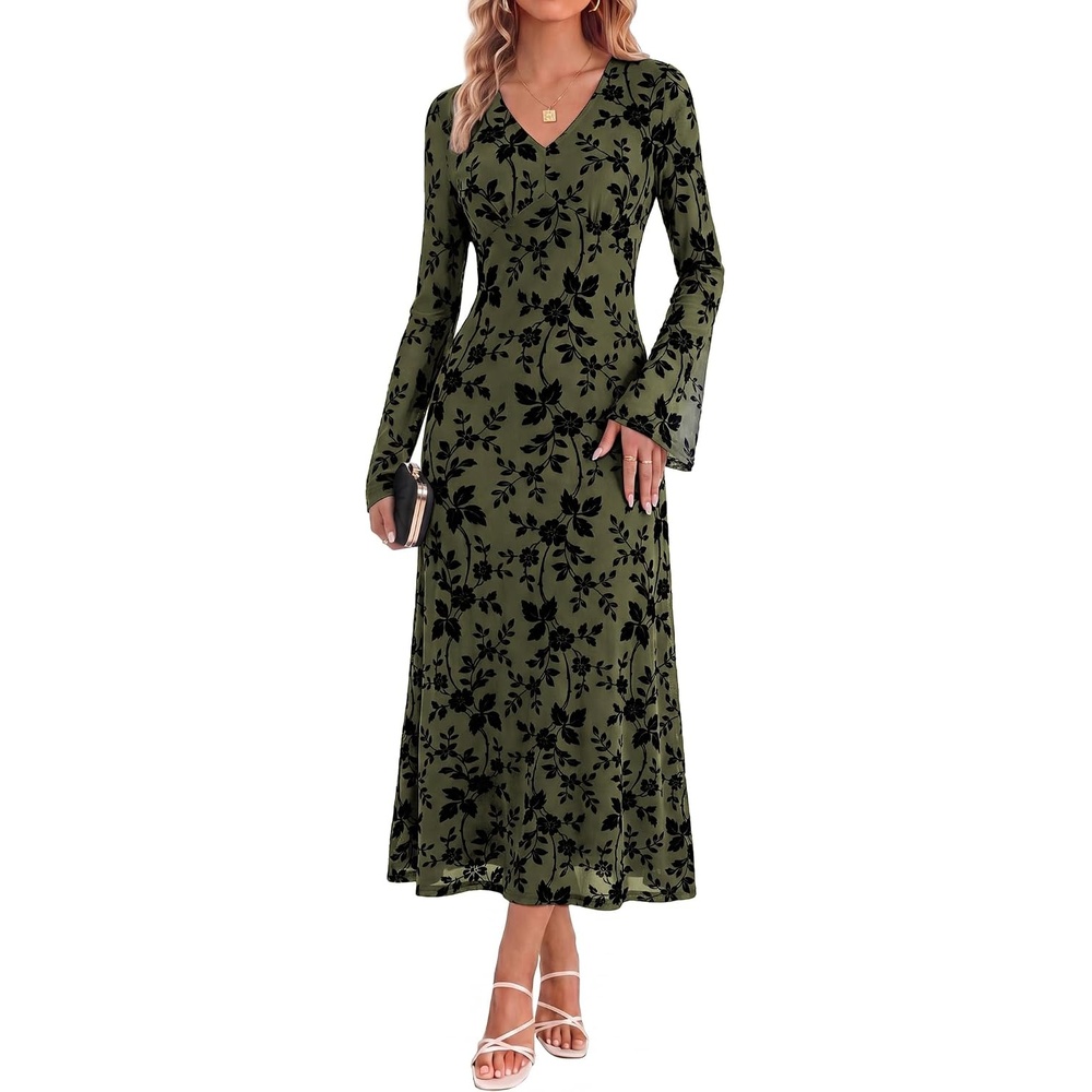 image:imageGRACE KARIN Womens Floral Long Sleeve Maxi Dresses Wedding Guest DressArmy Green