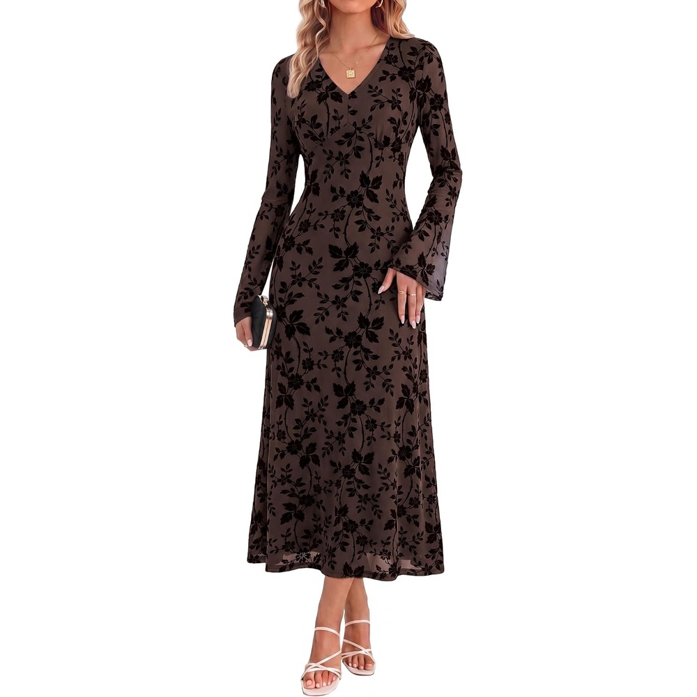 image:imageGRACE KARIN Womens Floral Long Sleeve Maxi Dresses Wedding Guest DressCoffee