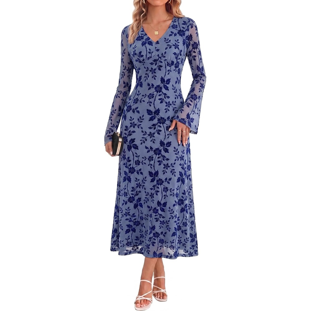 image:imageGRACE KARIN Womens Floral Long Sleeve Maxi Dresses Wedding Guest DressGray Blue