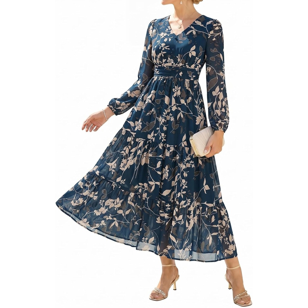 image:imageGRACE KARIN Womens Floral Maxi Dress Long Sleeve Wedding Guest DressesDark Blue Green With Rice Leaves