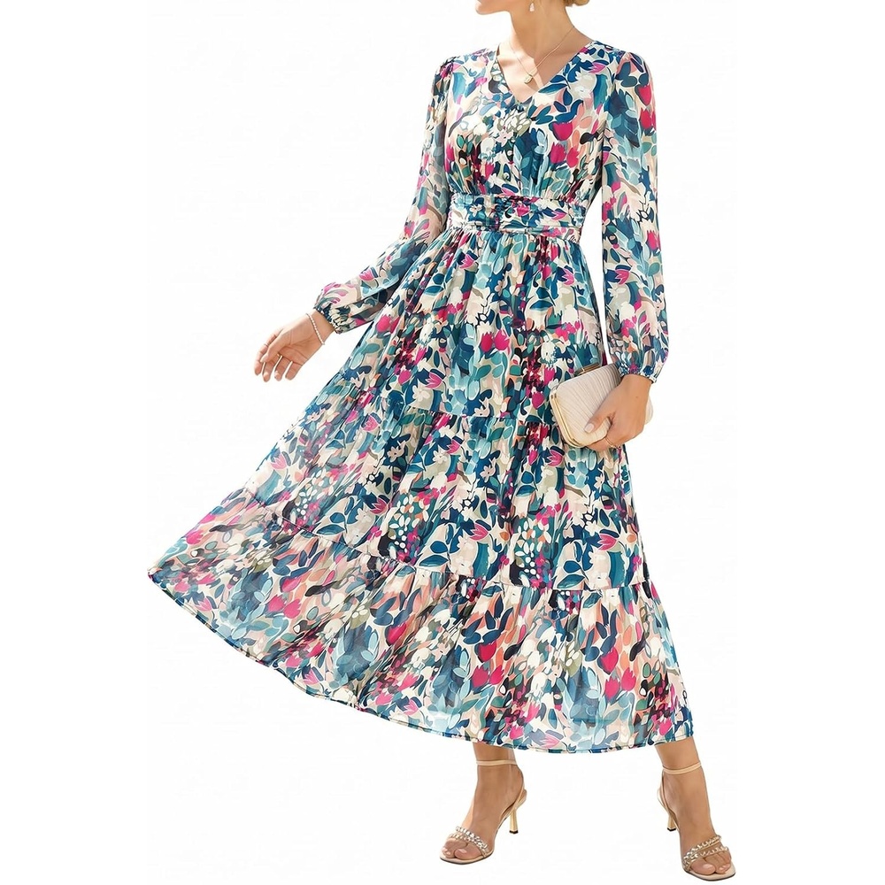 image:imageGRACE KARIN Womens Floral Maxi Dress Long Sleeve Wedding Guest DressesDense Dark Green Flowers