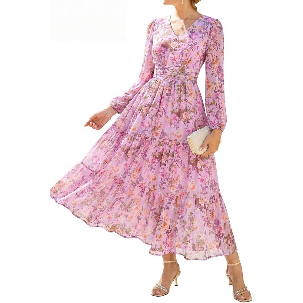 image:imageGRACE KARIN Womens Floral Maxi Dress Long Sleeve Wedding Guest DressesPurple With Delicate Floral