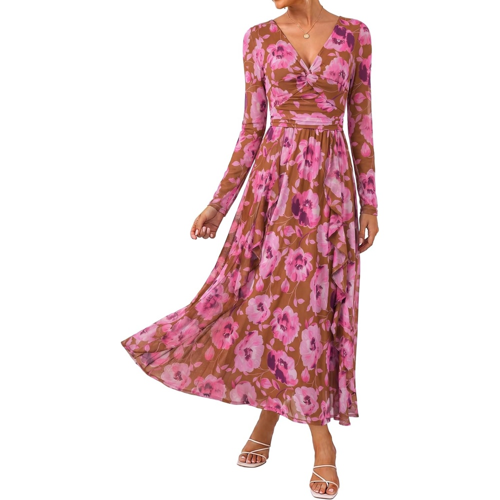 image:imageGRACE KARIN Womens Long Sleeve Floral Maxi Formal Wedding Guest DressBrown Pink