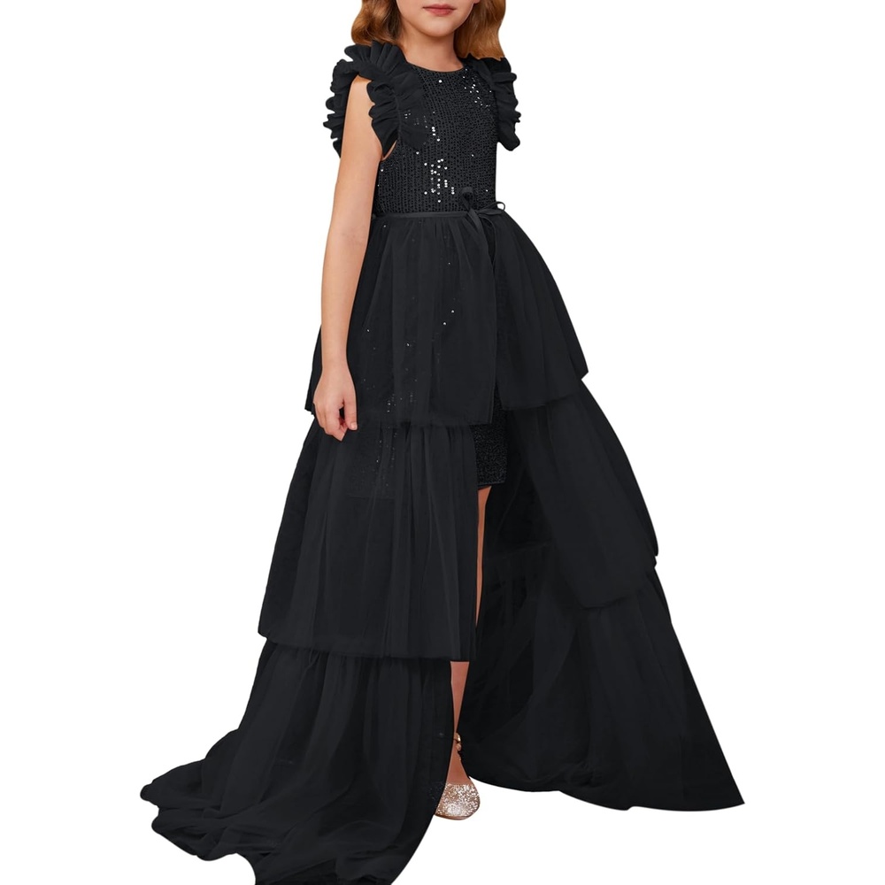image:imageSparkleFancyyGliterFormalPartyChristmasFather and Daughter DancePromTulleRuffle SleeveDetachable MeshHomecomingBlack