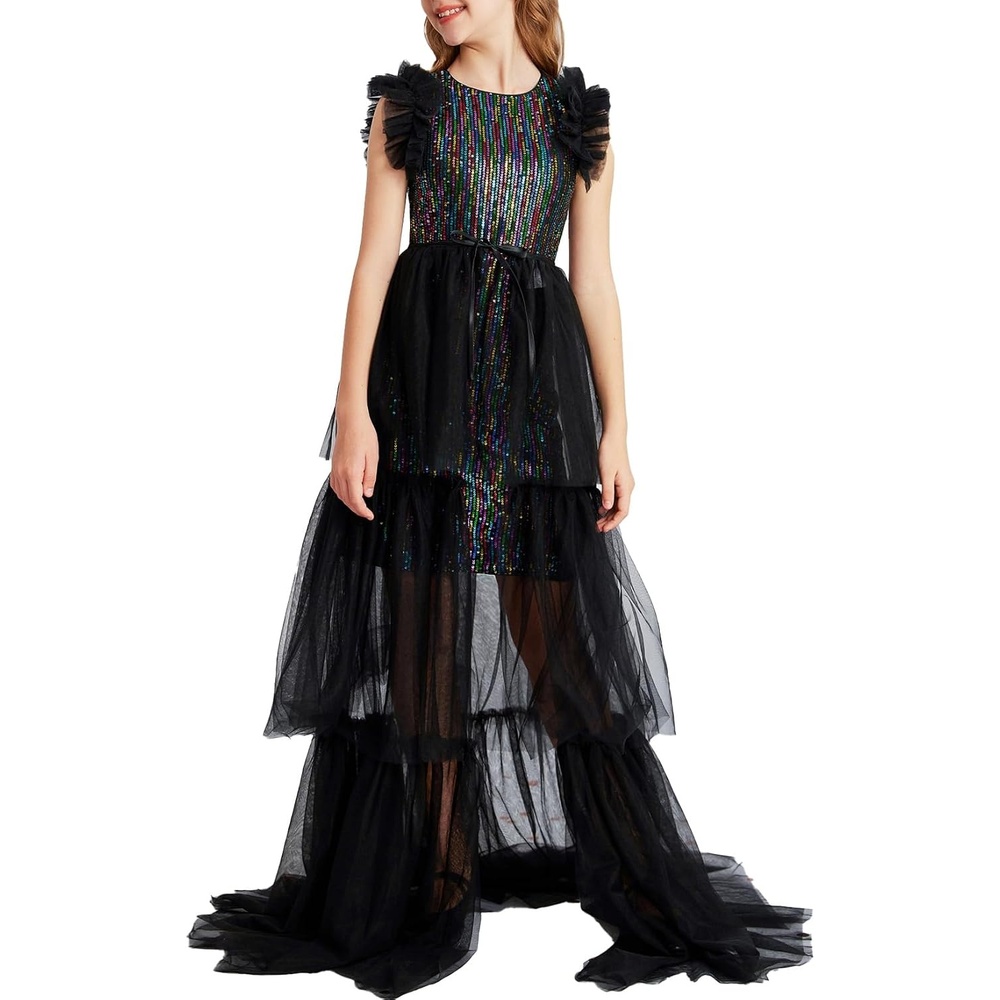 image:imageSparkleFancyyGliterFormalPartyChristmasFather and Daughter DancePromTulleRuffle SleeveDetachable MeshHomecomingBlack Multicolor