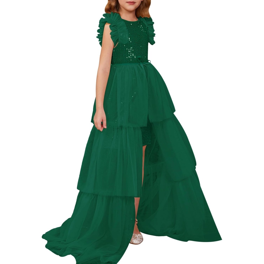 image:imageSparkleFancyyGliterFormalPartyChristmasFather and Daughter DancePromTulleRuffle SleeveDetachable MeshHomecomingGreen