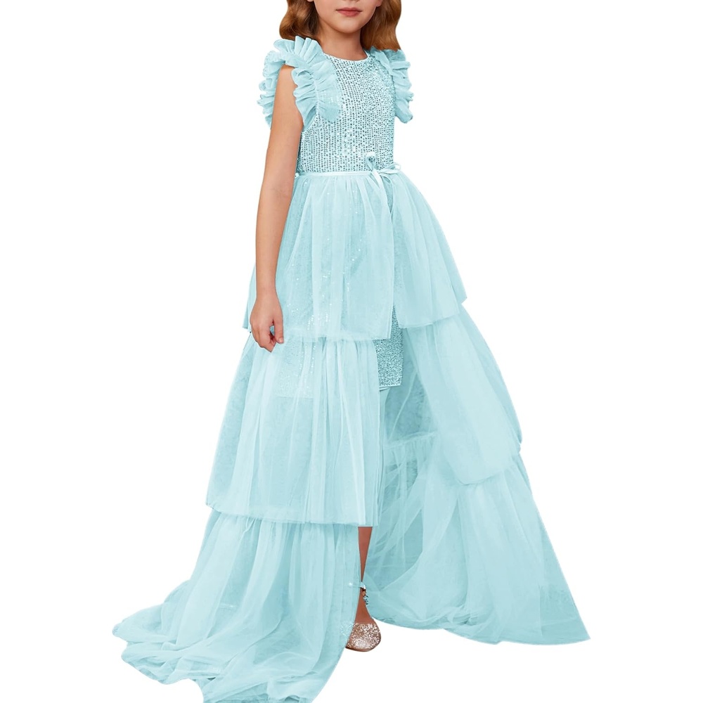 image:imageSparkleFancyyGliterFormalPartyChristmasFather and Daughter DancePromTulleRuffle SleeveDetachable MeshHomecomingLight Green