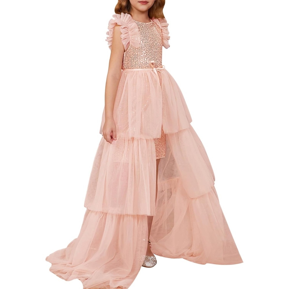 image:imageSparkleFancyyGliterFormalPartyChristmasFather and Daughter DancePromTulleRuffle SleeveDetachable MeshHomecomingLight Pink