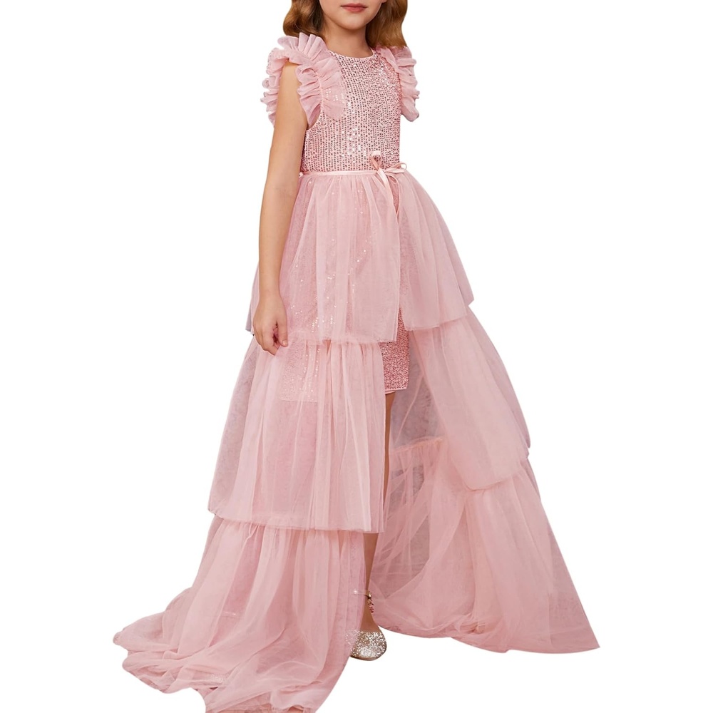 image:imageSparkleFancyyGliterFormalPartyChristmasFather and Daughter DancePromTulleRuffle SleeveDetachable MeshHomecomingPink