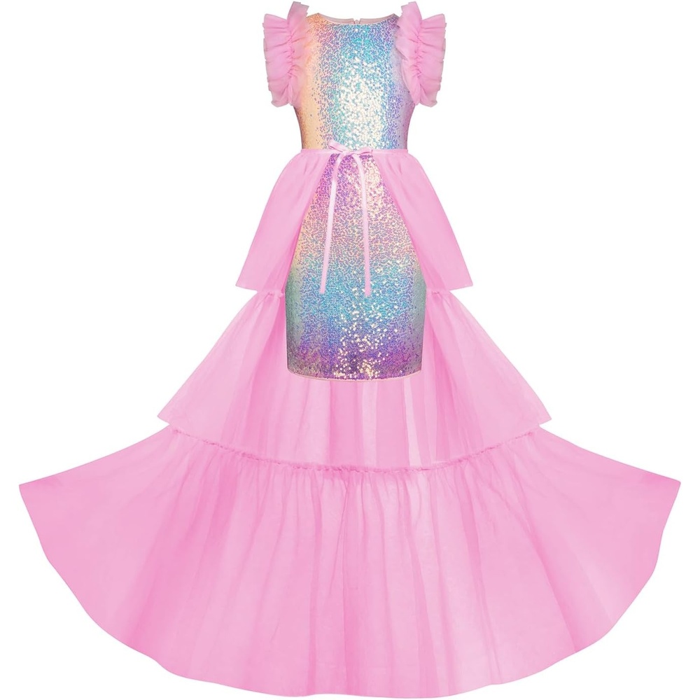 image:imageSparkleFancyyGliterFormalPartyChristmasFather and Daughter DancePromTulleRuffle SleeveDetachable MeshHomecomingRainbow Multicolor