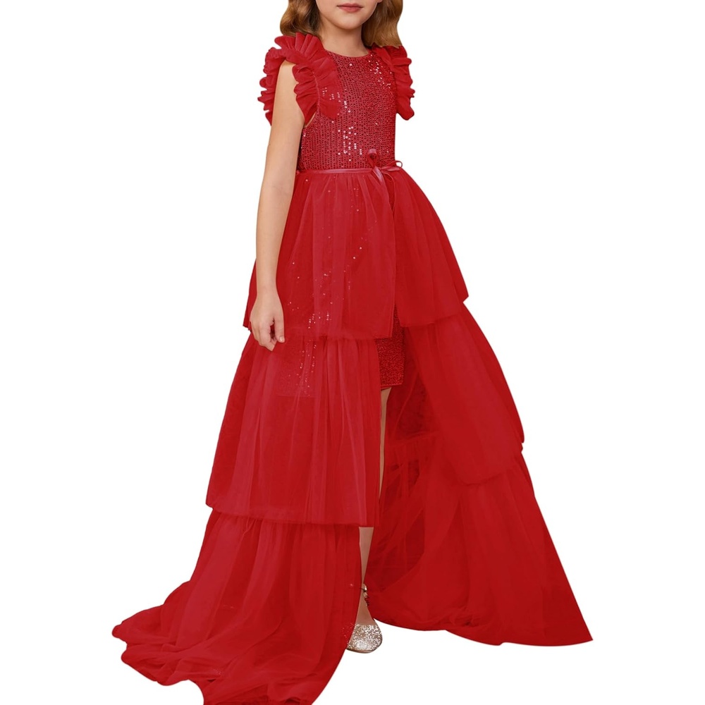 image:imageSparkleFancyyGliterFormalPartyChristmasFather and Daughter DancePromTulleRuffle SleeveDetachable MeshHomecomingRed