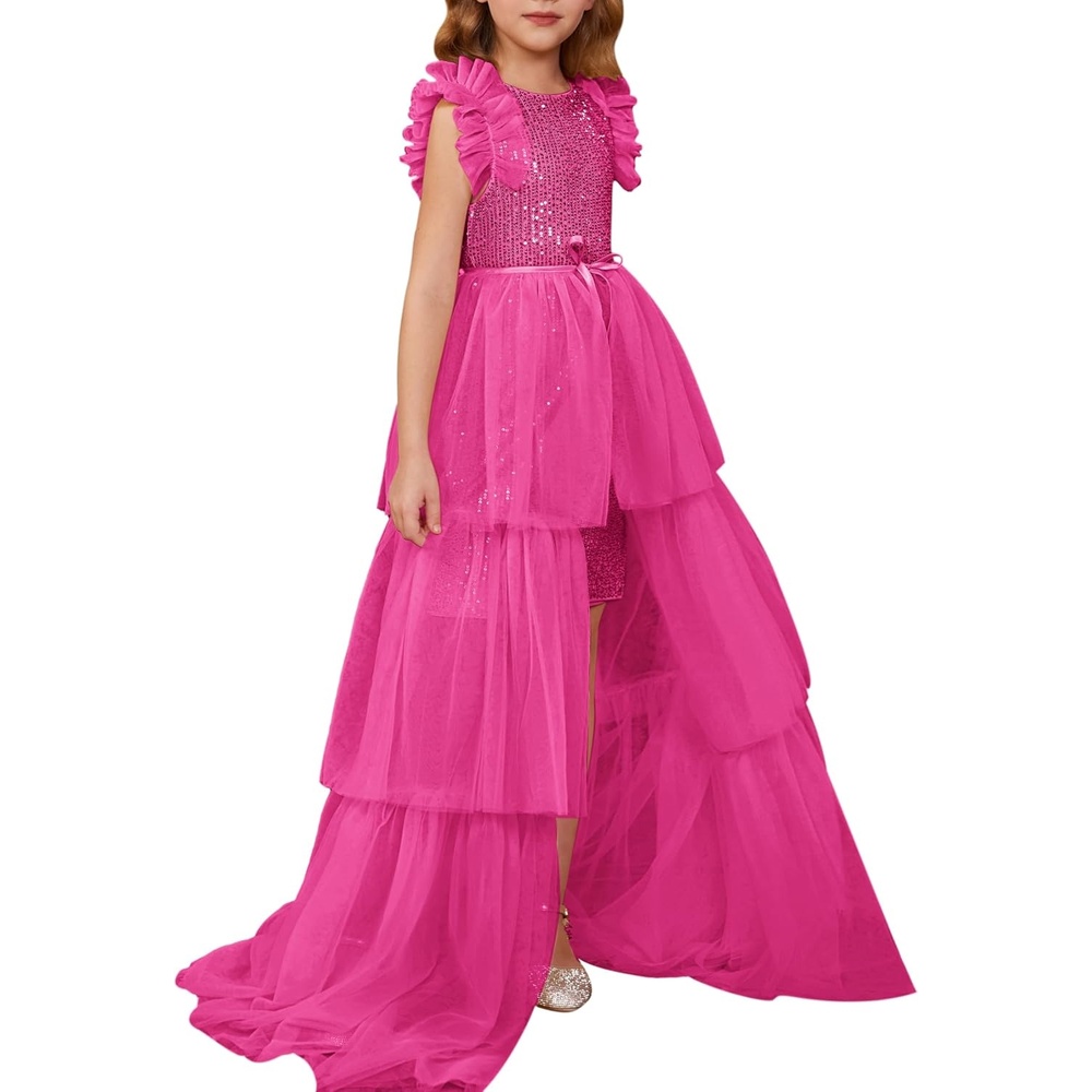 image:imageSparkleFancyyGliterFormalPartyChristmasFather and Daughter DancePromTulleRuffle SleeveDetachable MeshHomecomingRose Red