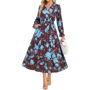 GRACE KARIN Fall Wedding Guest Causal Midi Floral V Neck Dresses(Brown Floral)