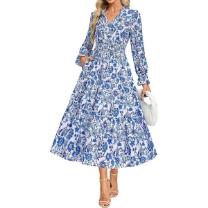 GRACE KARIN Fall Wedding Guest Causal Midi Floral V Neck Dresses(Light Blue Floral)