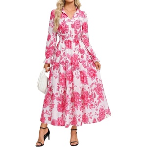 GRACE KARIN Fall Wedding Guest Causal Midi Floral V Neck Dresses(Pink Floral)