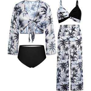 GRACE KARIN Girls 4 Piece Tankini Bikini Bathing Swimsuit with Pants 7-16(Black-coconut Tree)