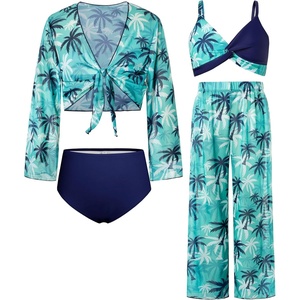 GRACE KARIN Girls 4 Piece Tankini Bikini Bathing Swimsuit with Pants 7-16(Blue-coconut Tree New)