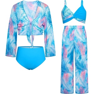 GRACE KARIN Girls 4 Piece Tankini Bikini Bathing Swimsuit with Pants 7-16(Blue-feather)