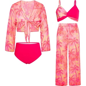 GRACE KARIN Girls 4 Piece Tankini Bikini Bathing Swimsuit with Pants 7-16(Hot Pink)