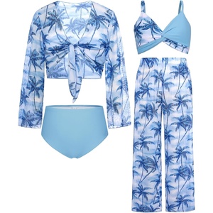 GRACE KARIN Girls 4 Piece Tankini Bikini Bathing Swimsuit with Pants 7-16(Navy-coconut Tree)