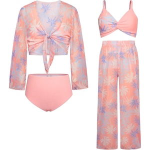 GRACE KARIN Girls 4 Piece Tankini Bikini Bathing Swimsuit with Pants 7-16(Orange-coconut Tree)