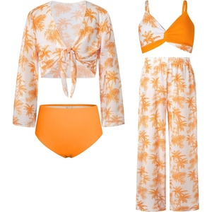 GRACE KARIN Girls 4 Piece Tankini Bikini Bathing Swimsuit with Pants 7-16(Orange-coconut Tree New)