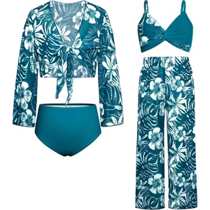 GRACE KARIN Girls 4 Piece Tankini Bikini Bathing Swimsuit with Pants 7-16(Peacock Blue)