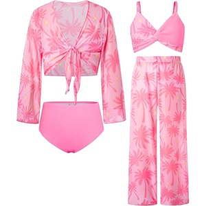 GRACE KARIN Girls 4 Piece Tankini Bikini Bathing Swimsuit with Pants 7-16(Pink-coconut Tree)