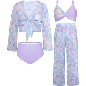 GRACE KARIN Girls 4 Piece Tankini Bikini Bathing Swimsuit with Pants 7-16(Purple-butterfly)