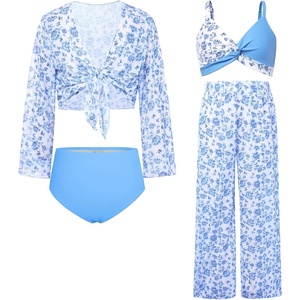GRACE KARIN Girls 4 Piece Tankini Bikini Bathing Swimsuit with Pants 7-16(Trendy White Blue Floral)