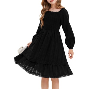 GRACE KARIN Girls Fall Cotton Dress Long Sleeve Smocked Dresses for 7-14Y(Black)