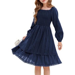 GRACE KARIN Girls Fall Cotton Dress Long Sleeve Smocked Dresses for 7-14Y(Dark Blue)