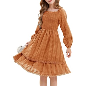 GRACE KARIN Girls Fall Cotton Dress Long Sleeve Smocked Dresses for 7-14Y(Pumpkin Orange)