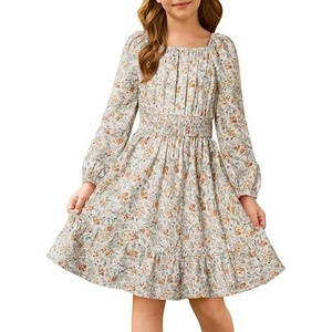 GRACE KARIN Girls Fall Dress Floral Long Sleeve Midi Smocked Waist Holiday(Apricot)
