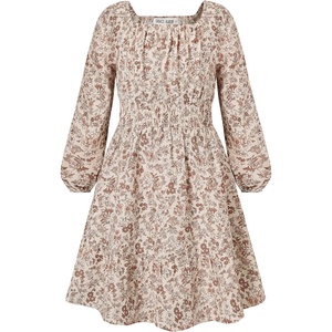 GRACE KARIN Girls Fall Dress Floral Long Sleeve Midi Smocked Waist Holiday(Apricot Caramel Floral)