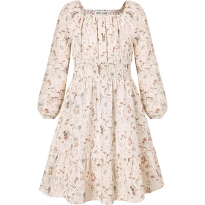 GRACE KARIN Girls Fall Dress Floral Long Sleeve Midi Smocked Waist Holiday(Apricot Leaf Floral)