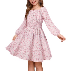 GRACE KARIN Girls Fall Dress Floral Long Sleeve Midi Smocked Waist Holiday(Blush Bloom)