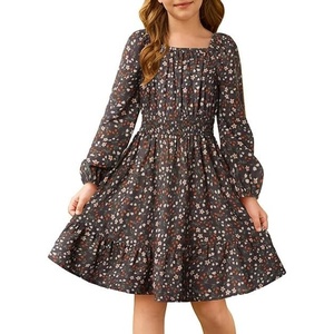 GRACE KARIN Girls Fall Dress Floral Long Sleeve Midi Smocked Waist Holiday(Brown)