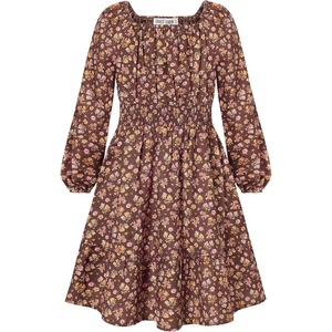 GRACE KARIN Girls Fall Dress Floral Long Sleeve Midi Smocked Waist Holiday(Brown Pink Floral)