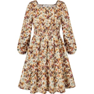 GRACE KARIN Girls Fall Dress Floral Long Sleeve Midi Smocked Waist Holiday(Burnt Orange Floral)