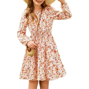 GRACE KARIN Girls Fall Dress Floral Long Sleeve Midi Smocked Waist Holiday(Burnt Orange Flower)