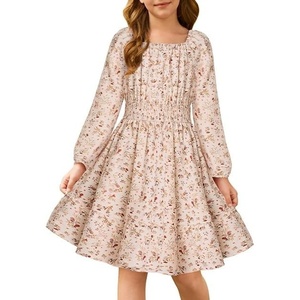 GRACE KARIN Girls Fall Dress Floral Long Sleeve Midi Smocked Waist Holiday(Cream)